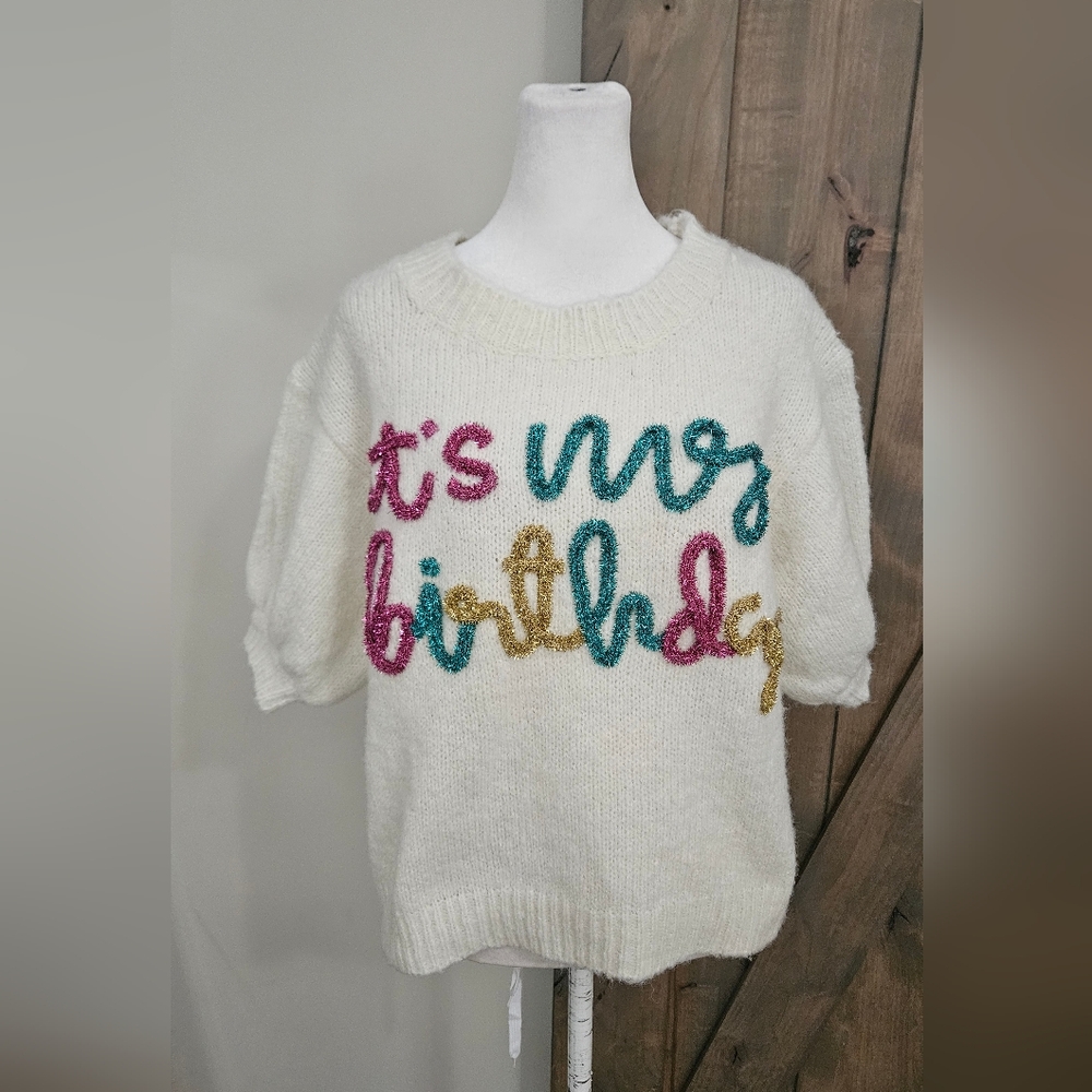 BIBI "It's My Birthday" Sweater Top Tinsel In Ivory/pink/green. Size Small - Picture 9 of 14